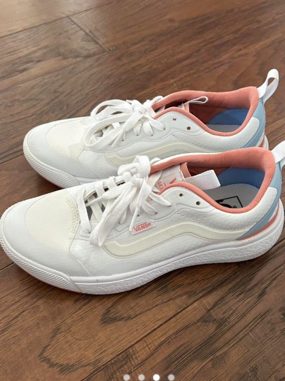Vans Women’s White Sneakers with Coral & Light Blue Accents